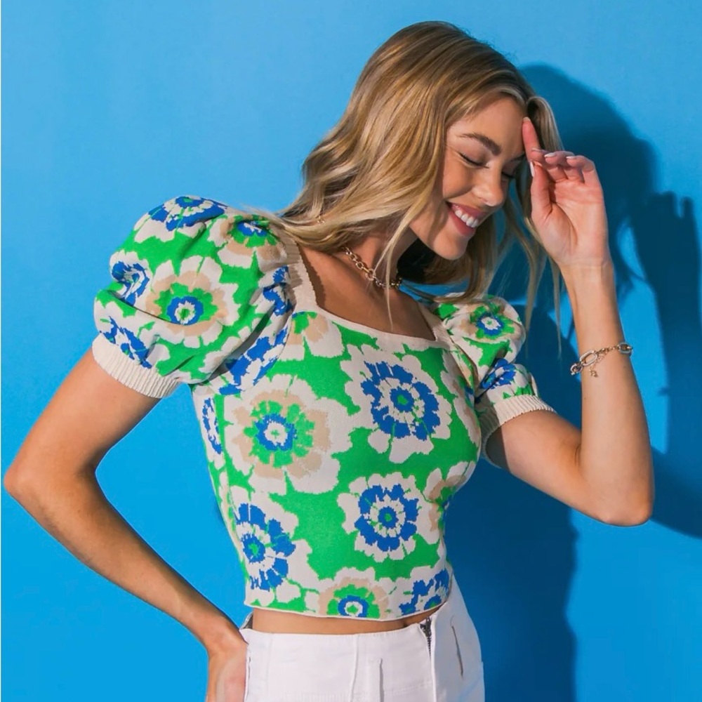 NWOT Flying Tomato Green Blue Large Floral Crop Knit Sweater Puff Sleeves XL
